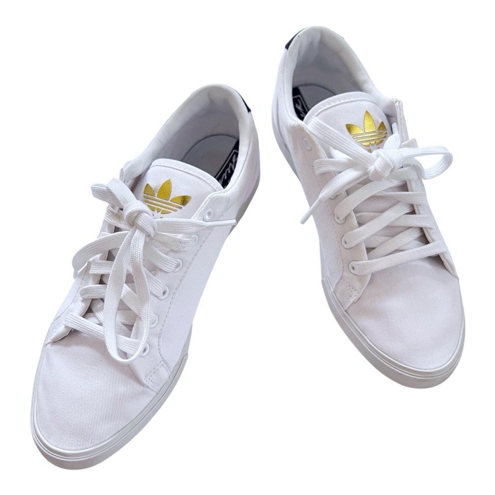 Adidas Sleek White Sneakers Rainbow and Gold Logo Canvas Shoes Womens 9M - Picture 3 of 7